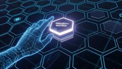 Digital hand pressing priority matrix button on futuristic interface