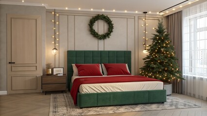Stylish bedroom decorated for christmas with green and red color.
