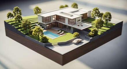 Miniature representation of a modern, multilevel home with landscaping and recreational amenities showcases architectural planning.
