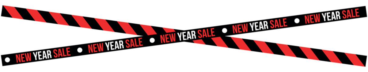 Two black and red striped banners with new year sale text crossing each other on a white background , ribbons, stripes, tape
