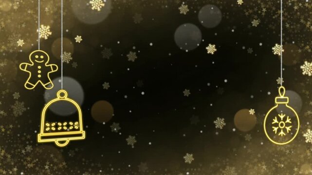 Golden Christmas ornaments and snowflakes on a dark festive background.