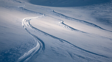 Ski tracks curve gracefully down a snowy slope, inviting adventure and the thrill of winter sports. The pristine landscape is marked with the trails of excitement.