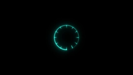 Abstract glowing neon   circular timer or clock interface element with tick marks displayed against a dark black background, representing time, technology, or futuristic concept - Powered by Adobe