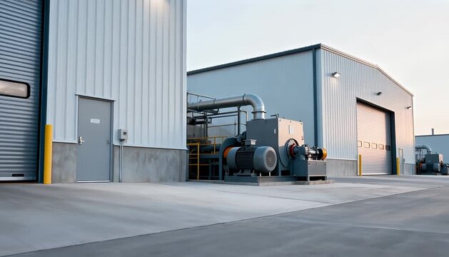 Industrial complex with large metal buildings, roller doors, and heavy machinery on a bright day., building.