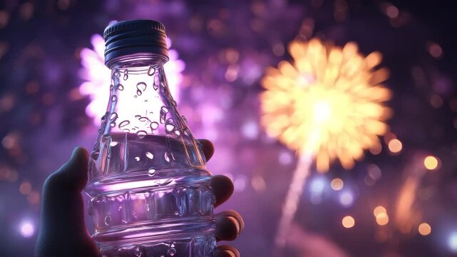 ラムネ瓶と紫金の花火幻想