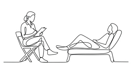 Continuous one line drawing of a therapist consulting a patient during counseling session, minimalist mental health illustration for psychology and support themes