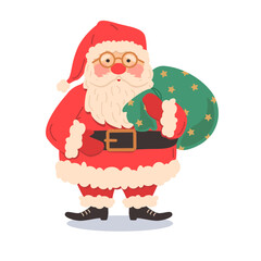 Flat vector illustration of Santa in a red suit and beard with a sack of gifts. Illustration of a cute fairytale Christmas character wearing glasses.