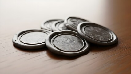 Close up of metallic wax seals on a wooden surface