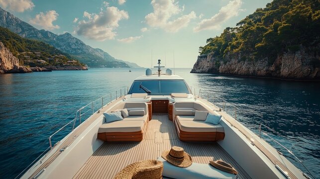 A luxurious yacht off the rocky coast amid azure waters embodies serenity and wealth, ideal for atmospheric backgrounds in tourist brochures or presentations of elite holidays.