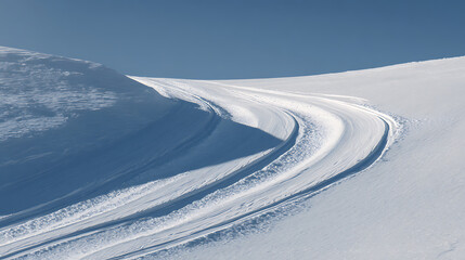 Obraz premium Scenic snowy mountain landscape under a clear blue sky, featuring winding tracks through the snow. Serene, cold, and wintery mood. Snow-covered terrain and tracks are prominent.