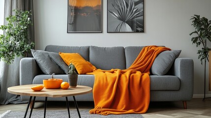 A stylish living room with minimalist furniture, orange accents and green plants is suitable for showcasing contemporary design solutions for residential spaces.