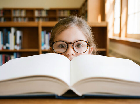 Smart little girl glasses holding open book blank pages mockup library background education concept reading school child copy space empty sheet learning student knowledge close up portrait studying 