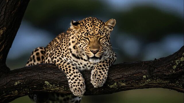 A beautiful leopard with closed eyes resting peacefully on a thick tree branch in its natural habitat.