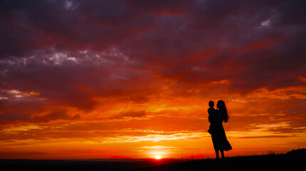 Silhouette mother holding child sunset copy space nature sky background family hope future mom baby looking horizon outdoors beautiful peaceful evening love emotion parenting atmospheric concept