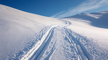 A pristine, snow-covered landscape under a clear blue sky, crisscrossed by parallel ski tracks winding uphill. The scene captures the serenity and adventure of winter in nature.