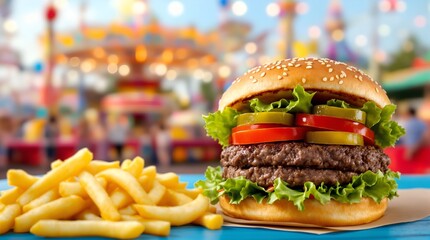  juicy hamburger with lettuce, tomato, cheese, and pickles, accompanied by crispy fries, 