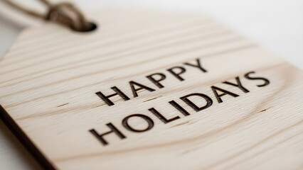 Wooden tag with happy holidays message against soft focus background