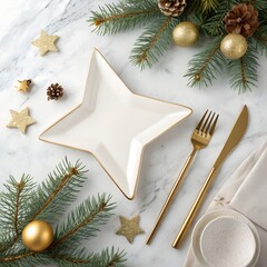 Christmas table setting with plate and spoons.