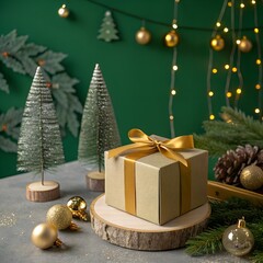 Christmas decoration with tree and gift box.