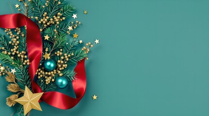 digital image featuring a festive Christmas border on the left side. It includes lush green pine branches adorned with golden baubles, shiny gold stars,