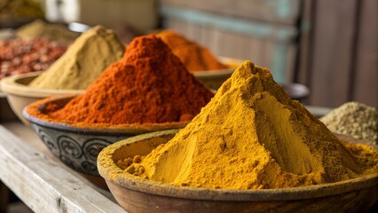 Pile of golden yellow and orange spices captured.
