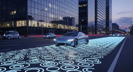 Modern autonomous vehicles navigate a city street illuminated by glowing digital pathways at dusk