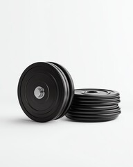 Set of black weight plates on a white background.