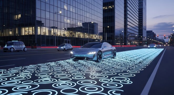 Modern autonomous vehicles navigate a city street illuminated by glowing digital pathways at dusk - Powered by Adobe