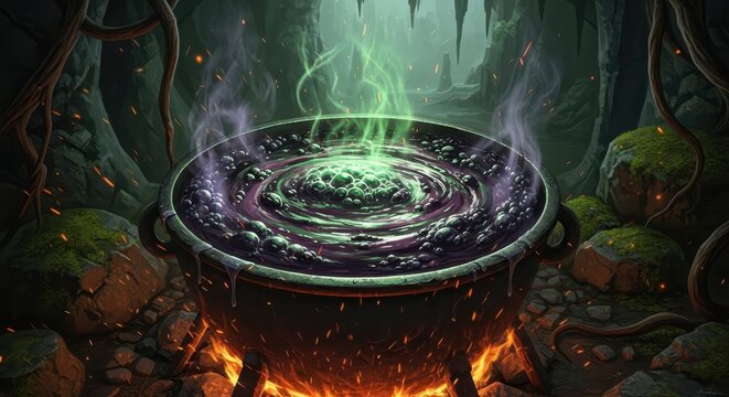 Cauldron bubbling with mysterious potion over an open fire in a dark, overgrown setting