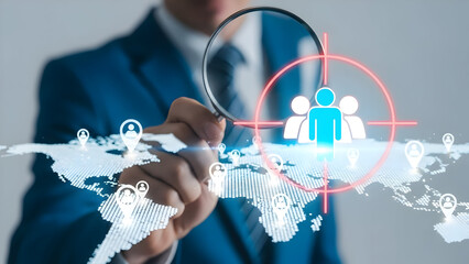 A professional examining global connections through a magnifying glass focusing on people and networks