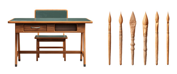 Antique wooden writing desk with a pull out shelf and a set of six intricately carved wooden quills or pens isolated on transparent background