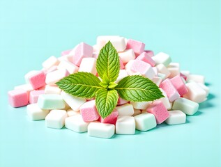 Close-up photo of small, colorful marshmallows in pastel shades of pink, white, and mint green, arranged in a pile with a fresh mint leaf on top