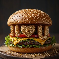 Heart shaped burger design with creative food styling for romantic gourmet concept