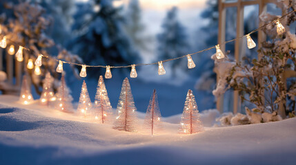 Cozy Outdoor Christmas Setting: Miniature Bottle Brush Trees and Glowing Lights Nestled in Deep Snow on a Porch or Window Ledge During Winter Twilight