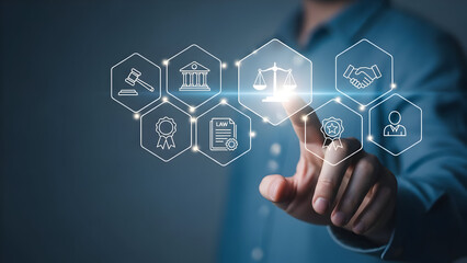 Business Law and Legal Services Icons Representing Justice, Agreements, and Protection