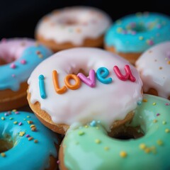 Colorful donuts with I Love U message for sweet romantic celebration photography