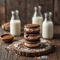 Rustic chocolate cookies with fresh milk on wooden table for cozy dessert photography