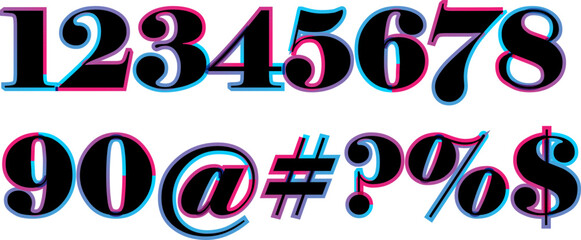 Trendy Retro Numbers and Symbols with Cyan and Magenta Outlines