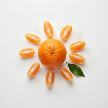 Mandarine pleine d'energie en forme de soleil, fruit d'hiver, agrume de saison hivernale, vue de hauteur 