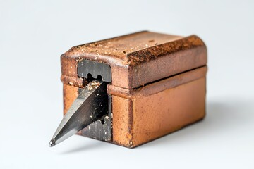 Vintage metal object with a pointed blade.