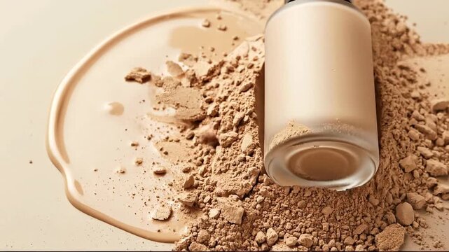A frosted glass bottle of beige liquid cosmetic is set amidst a spill of matching liquid and crushed powder on a light surface