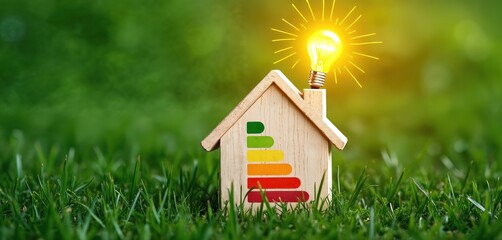 Small house model on grass shows energy efficiency scale. Glowing lightbulb shines above. Concept eco home, energy saving, ecology, sustainable resources. Clean power, alternative energy sources for