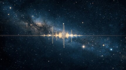 Golden audio frequency line forming a symmetrical soundwave across a deep cosmic starfield, merging abstract space aesthetics with futuristic celestial atmosphere and vibrant resonance