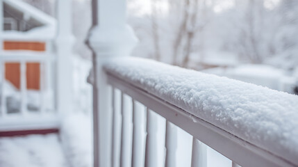 A pristine blanket of snow delicately covers a railing, creating a serene winter scene. The landscape beyond is softened by the fresh snowfall, creating tranquility.