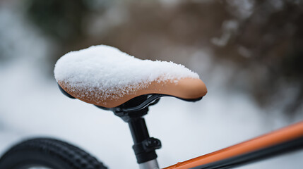 A bicycle seat covered in snow stands out against a blurred, wintry backdrop. The texture of the snow contrasts with the smooth seat, creating a serene, cold scene.