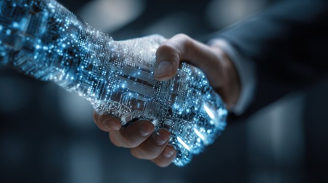 Digital handshake of Technology and Partnership: A striking visual of a human hand meeting a robotic hand, symbolizes the future of technology and human collaboration.