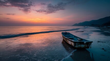 Naklejka premium Calm sunrise on a quiet beach with an old wooden boat, soft pastel sky, gentle ocean waves and peaceful coastal morning landscape for travel and inspirational backgrounds