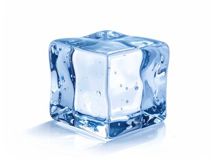 Clear, slightly misshapen ice cube on white