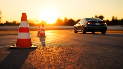 Naklejka premium sunset on a racetrack with three orange and white traffic cones on the left, a sleek, black sports car speeding on the right, 