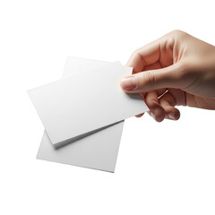 Fototapeta premium Hand holding a blank white business card above a small stack of cards isolated on transparent background